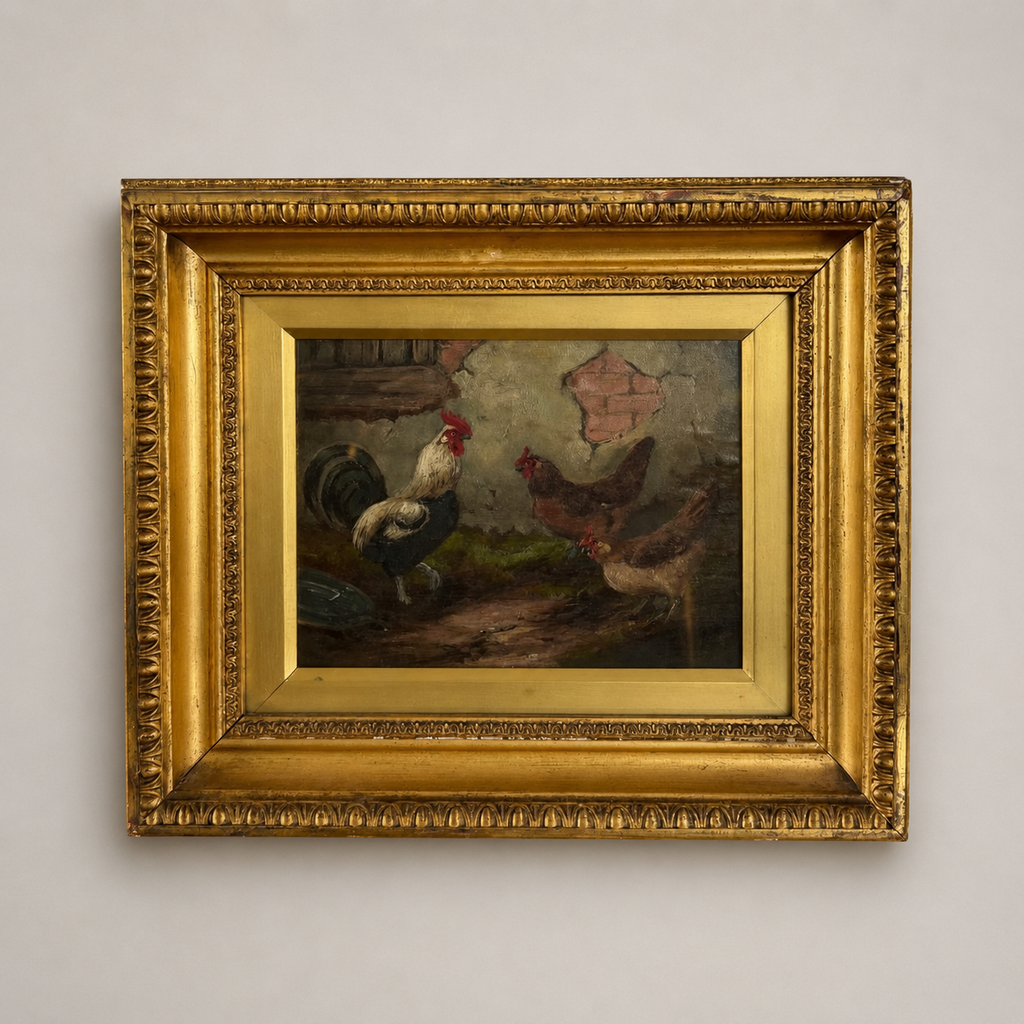 Antico dipinto ad Olio con Gallo e Galline Firmato E. S. England – Fine XIX Secolo