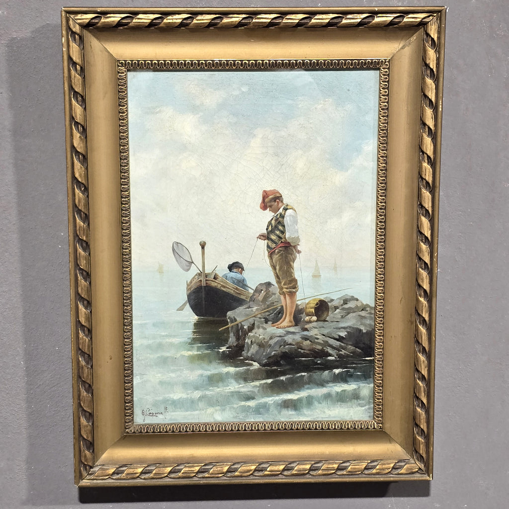 Dipinto olio su tela Pescatore su scoglio, XIX secolo