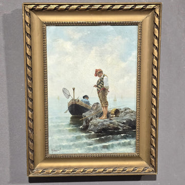 Dipinto olio su tela Pescatore su scoglio, XIX secolo
