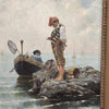 Dipinto olio su tela Pescatore su scoglio, XIX secolo
