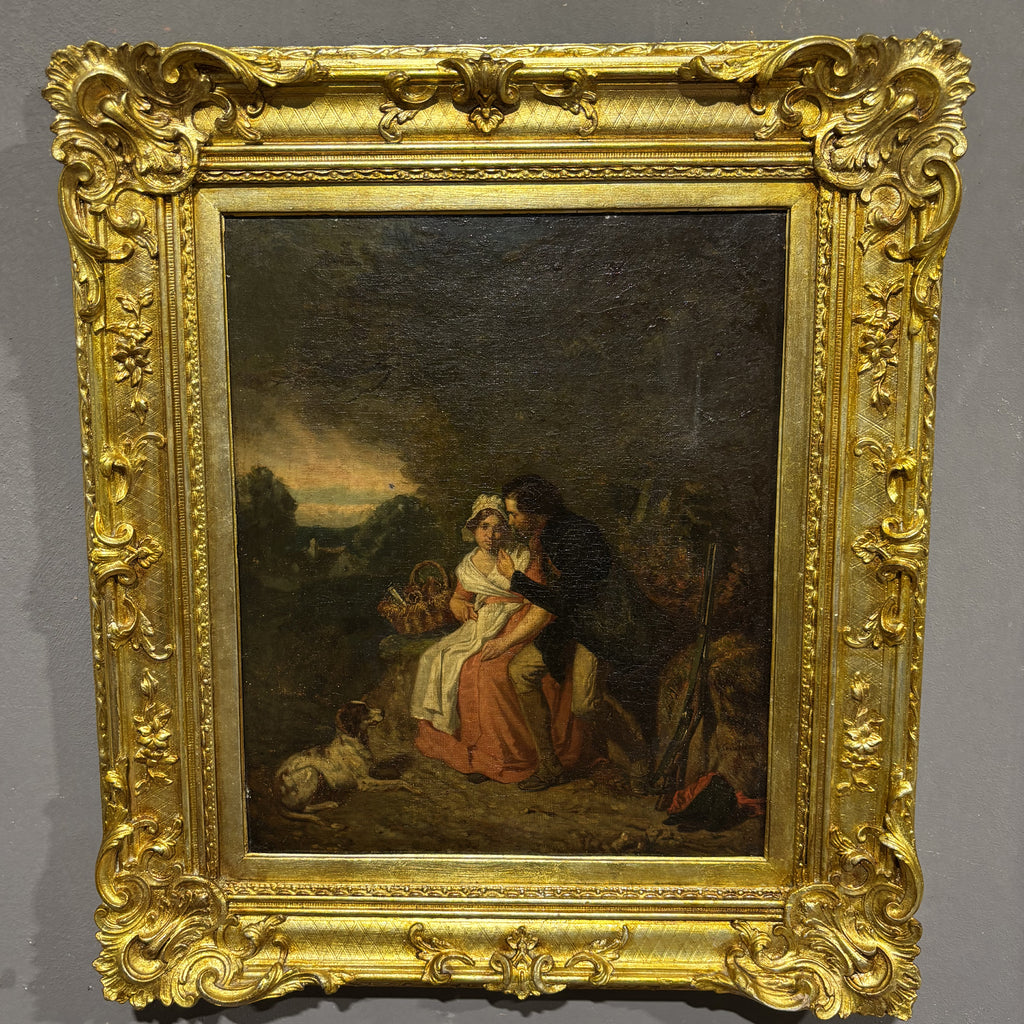 Quadro pittura ad olio scena galante XIX secolo A. Guillemin