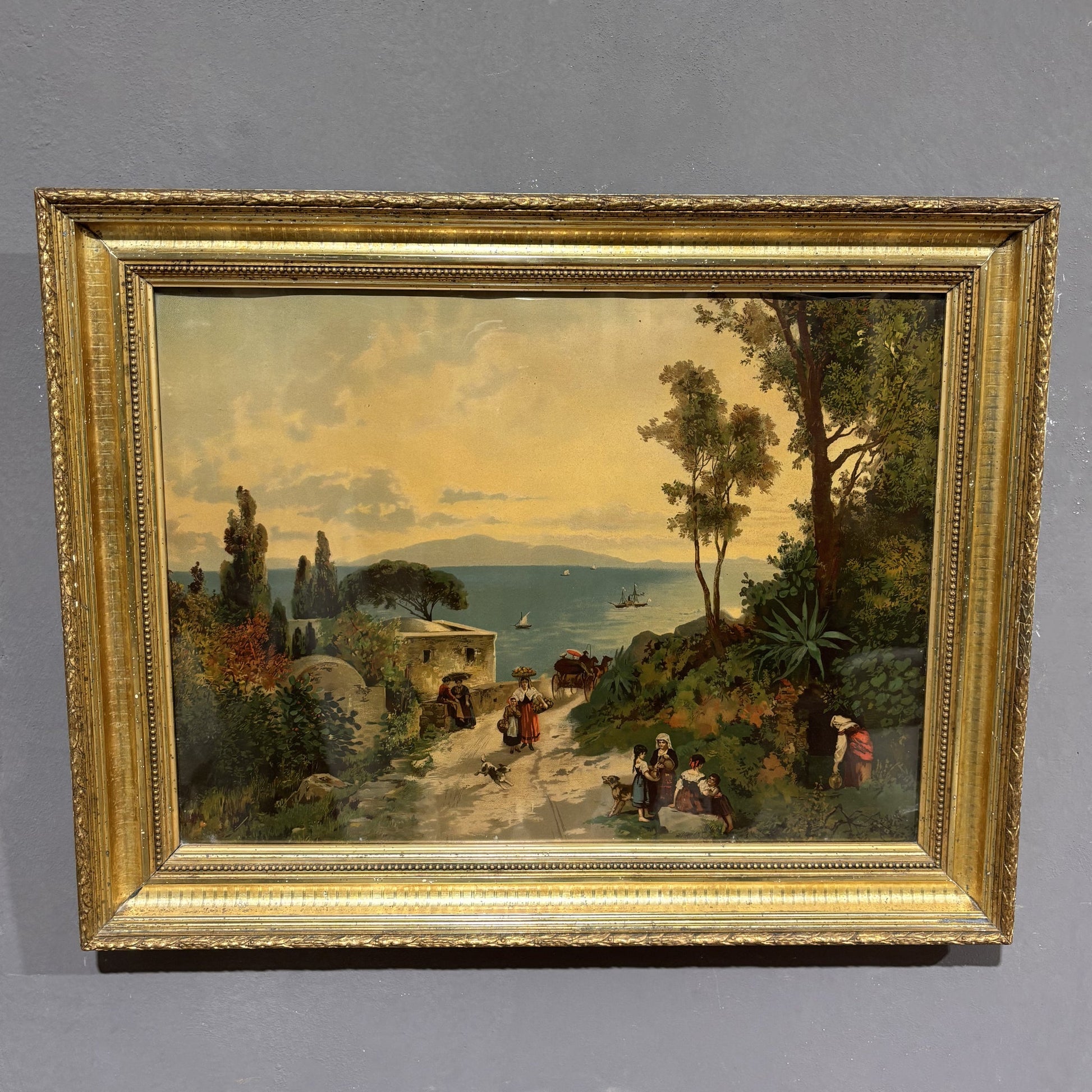 Set di quattro Litografie a colori del XIX secolo in cornici a foglia oro - Vassallo Antiques Antiquariato Online