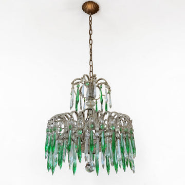 Splendido lampadario italiano in cristallo e pendenti verdi